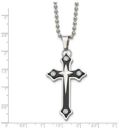 Edelstahl Chisel Poliert Schwarz Ip-beschichtet mit Zirkonia Kreuz Anhänger auf A 20 Zoll Kugel Halskette