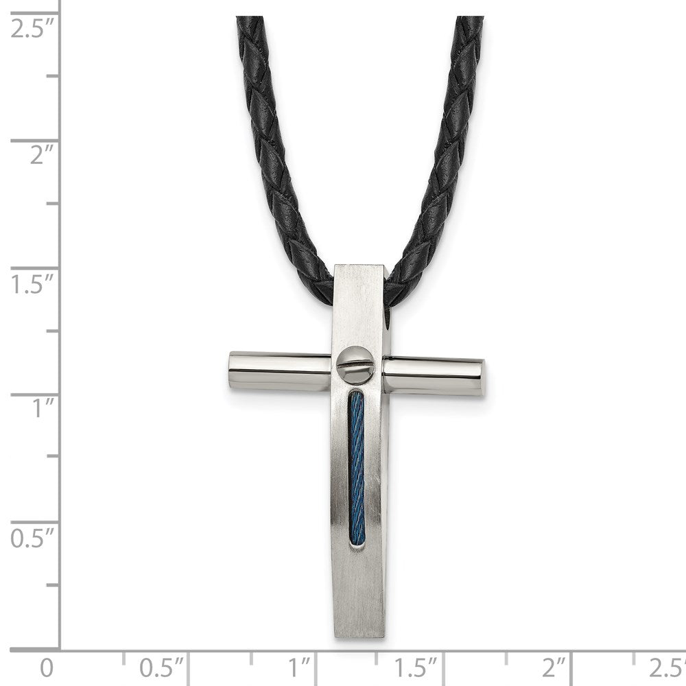 Edelstahl Chisel Gebürstet und Poliert Blau Ip-beschichtet Ankerkette Kreuz Anhänger auf An 18 Zoll Leder Kordel Halskette