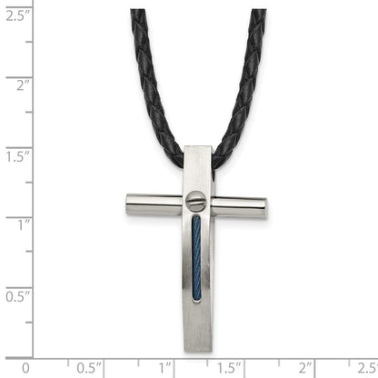 Edelstahl Chisel Gebürstet und Poliert Blau Ip-beschichtet Ankerkette Kreuz Anhänger auf An 18 Zoll Leder Kordel Halskette