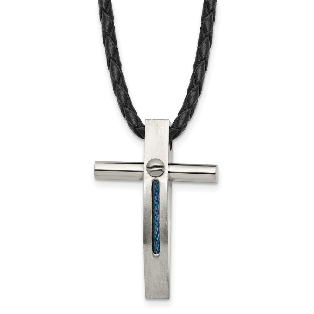 Edelstahl Chisel Gebürstet und Poliert Blau Ip-beschichtet Ankerkette Kreuz Anhänger auf An 18 Zoll Leder Kordel Halskette
