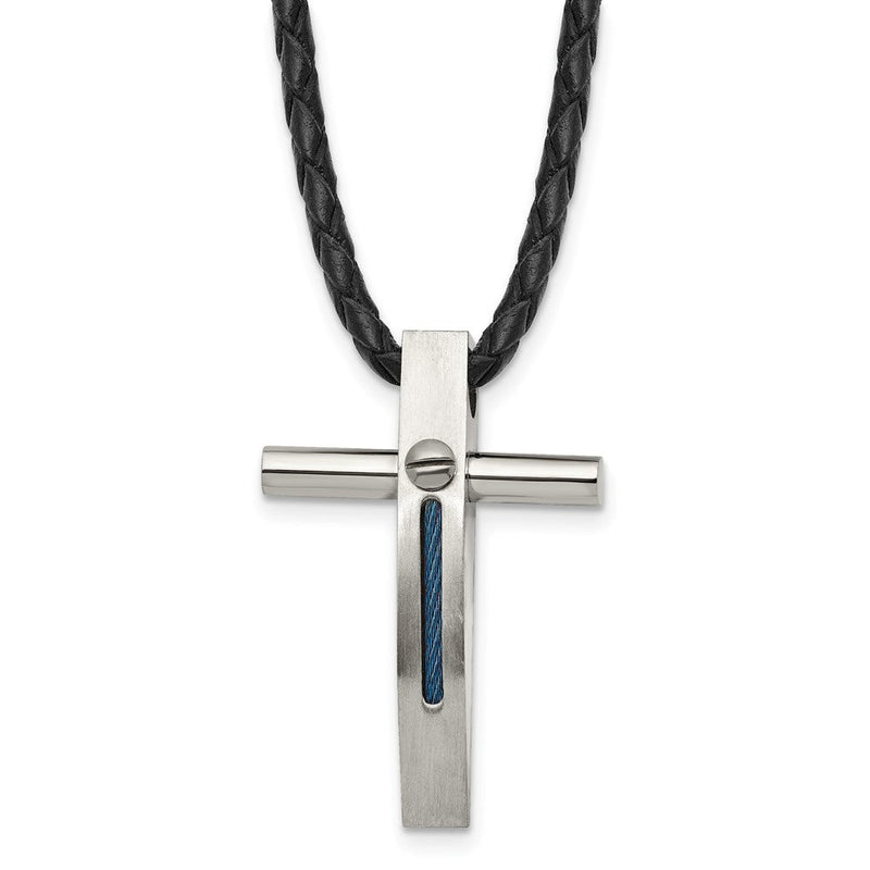 Edelstahl Chisel Gebürstet und Poliert Blau Ip-beschichtet Ankerkette Kreuz Anhänger auf An 18 Zoll Leder Kordel Halskette