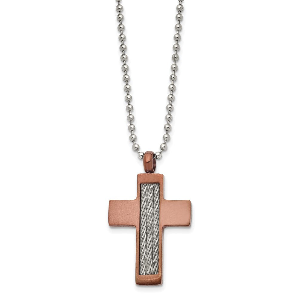 Edelstahl Chisel Gebürstet Braun Ip-beschichtet mit Ankerkette Einlage Kreuz Anhänger auf A 24 Zoll Kugel Halskette