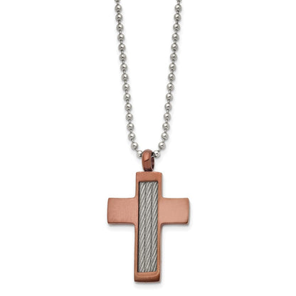 Edelstahl Chisel Gebürstet Braun Ip-beschichtet mit Ankerkette Einlage Kreuz Anhänger auf A 24 Zoll Kugel Halskette