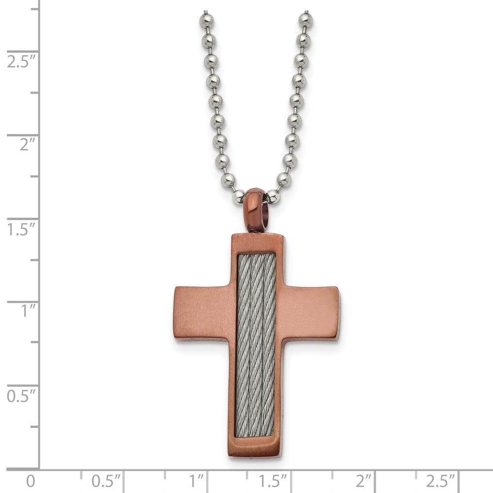 Edelstahl Chisel Gebürstet Braun Ip-beschichtet mit Ankerkette Einlage Kreuz Anhänger auf A 24 Zoll Kugel Halskette