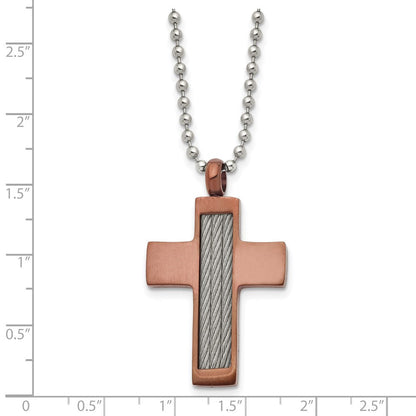 Edelstahl Chisel Gebürstet Braun Ip-beschichtet mit Ankerkette Einlage Kreuz Anhänger auf A 24 Zoll Kugel Halskette