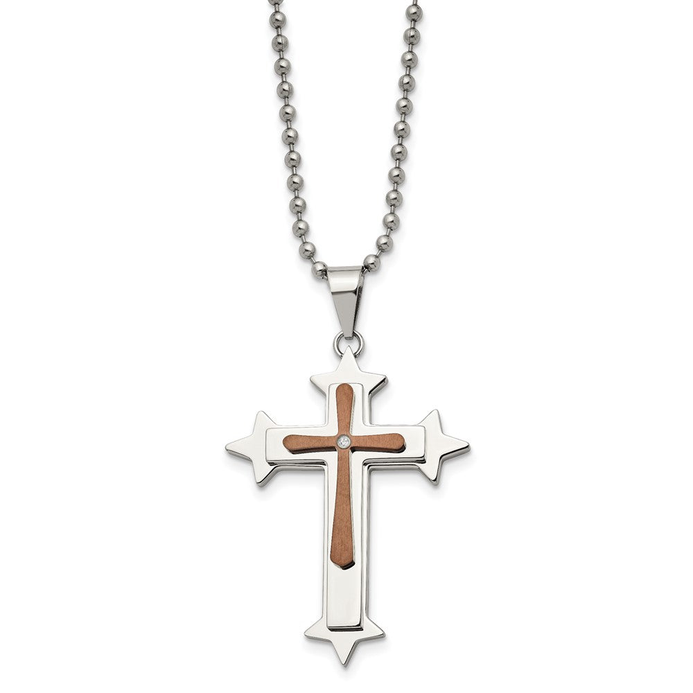 Edelstahl Chisel Poliert Braun Ip-beschichtet Diamant Akzente Kreuz Anhänger auf A 24 Zoll Kugel Halskette