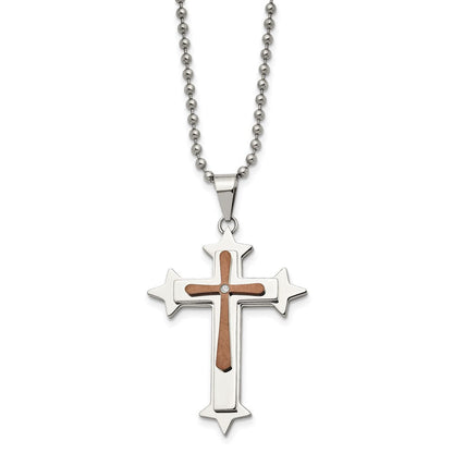 Edelstahl Chisel Poliert Braun Ip-beschichtet Diamant Akzente Kreuz Anhänger auf A 24 Zoll Kugel Halskette