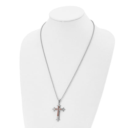 Edelstahl Chisel Poliert Braun Ip-beschichtet Diamant Akzente Kreuz Anhänger auf A 24 Zoll Kugel Halskette