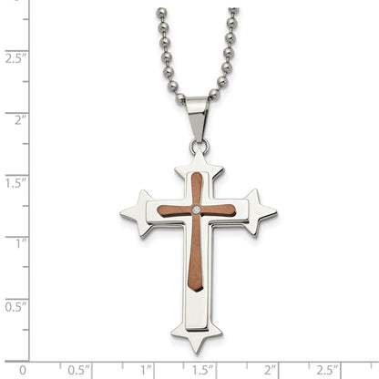 Edelstahl Chisel Poliert Braun Ip-beschichtet Diamant Akzente Kreuz Anhänger auf A 24 Zoll Kugel Halskette
