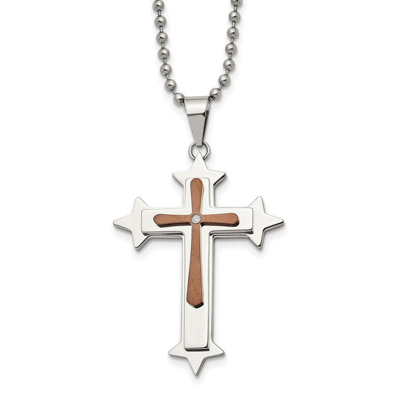 Edelstahl Chisel Poliert Braun Ip-beschichtet Diamant Akzente Kreuz Anhänger auf A 24 Zoll Kugel Halskette