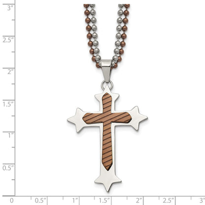 Edelstahl Chisel Poliert Braun Ip-beschichtet Kreuz Anhänger auf 24 Zoll Doppelt Kugel Halskette