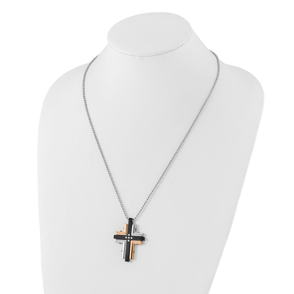 Edelstahl Schwarz & Rosa Ip-beschichtet Zirkonia Kreuz Halskette
