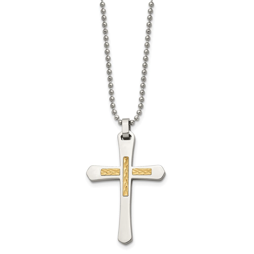 Edelstahl Chisel Poliert mit 14K Gold Akzente Diamantiert Kreuz Anhänger auf A 22 Zoll Kugel Halskette