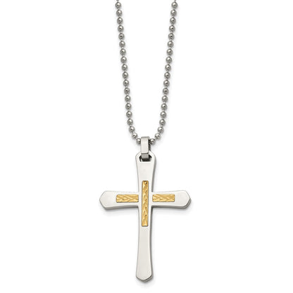 Edelstahl Chisel Poliert mit 14K Gold Akzente Diamantiert Kreuz Anhänger auf A 22 Zoll Kugel Halskette