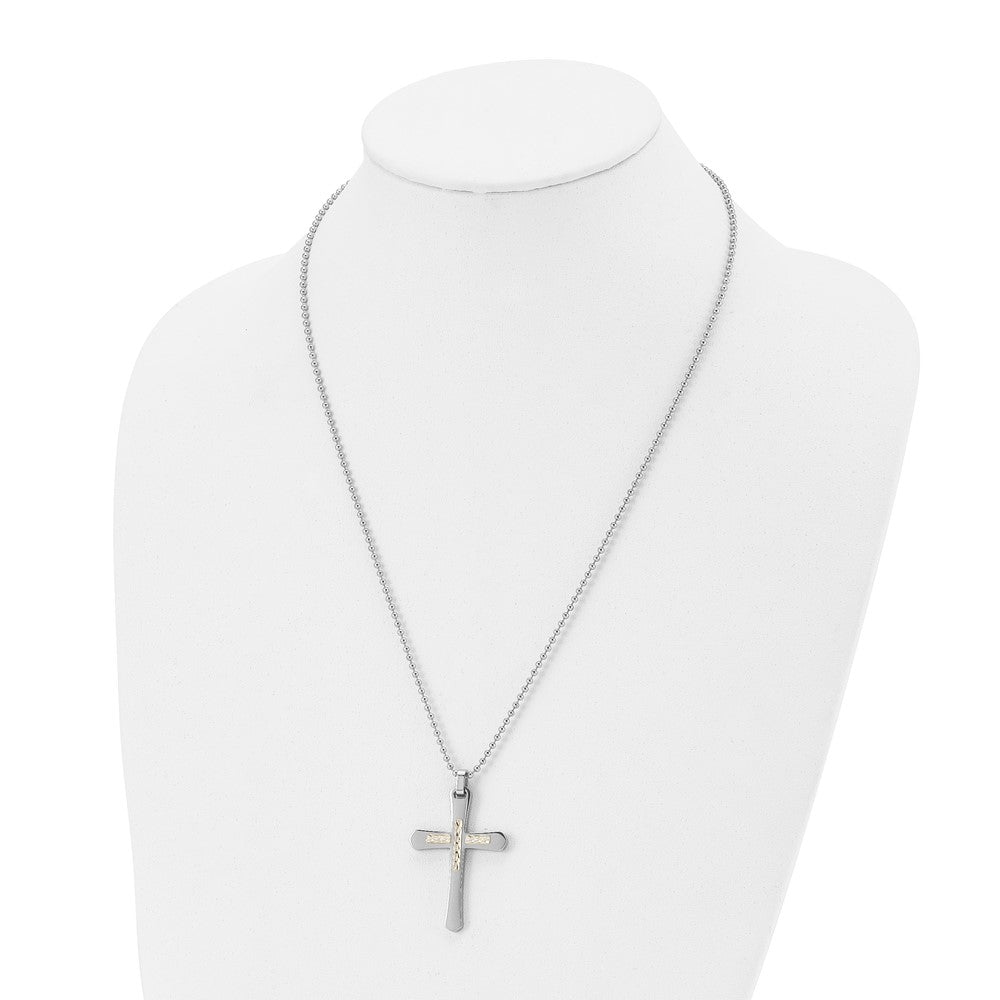 Edelstahl Chisel Poliert mit 14K Gold Akzente Diamantiert Kreuz Anhänger auf A 22 Zoll Kugel Halskette