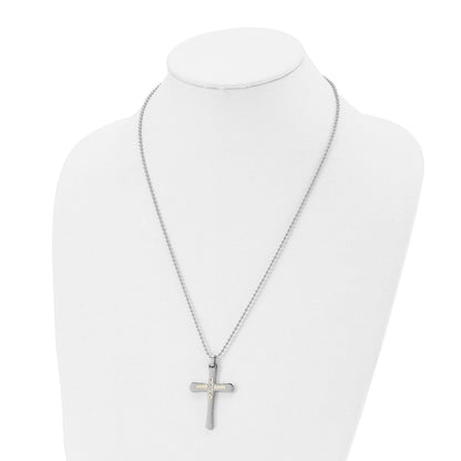 Edelstahl Chisel Poliert mit 14K Gold Akzente Diamantiert Kreuz Anhänger auf A 22 Zoll Kugel Halskette