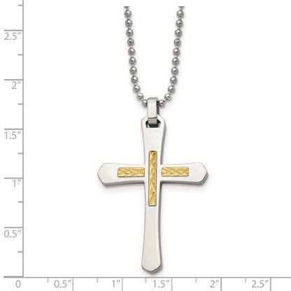 Edelstahl Chisel Poliert mit 14K Gold Akzente Diamantiert Kreuz Anhänger auf A 22 Zoll Kugel Halskette