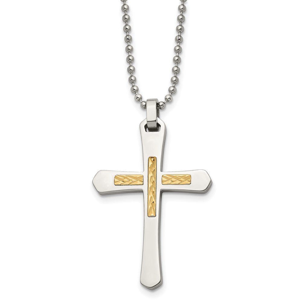 Edelstahl Chisel Poliert mit 14K Gold Akzente Diamantiert Kreuz Anhänger auf A 22 Zoll Kugel Halskette