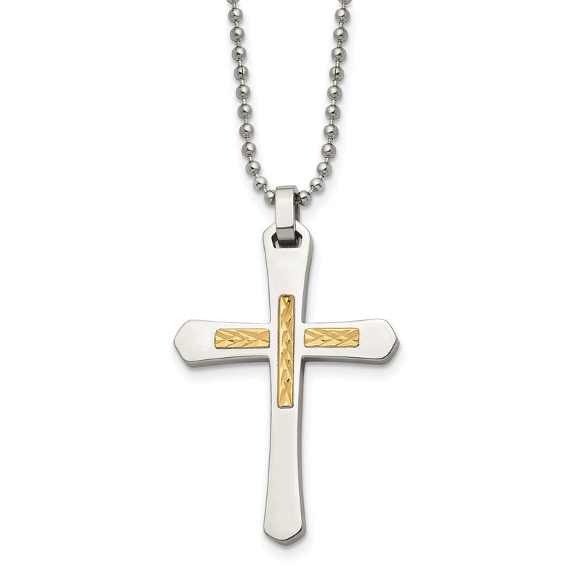 Edelstahl Chisel Poliert mit 14K Gold Akzente Diamantiert Kreuz Anhänger auf A 22 Zoll Kugel Halskette