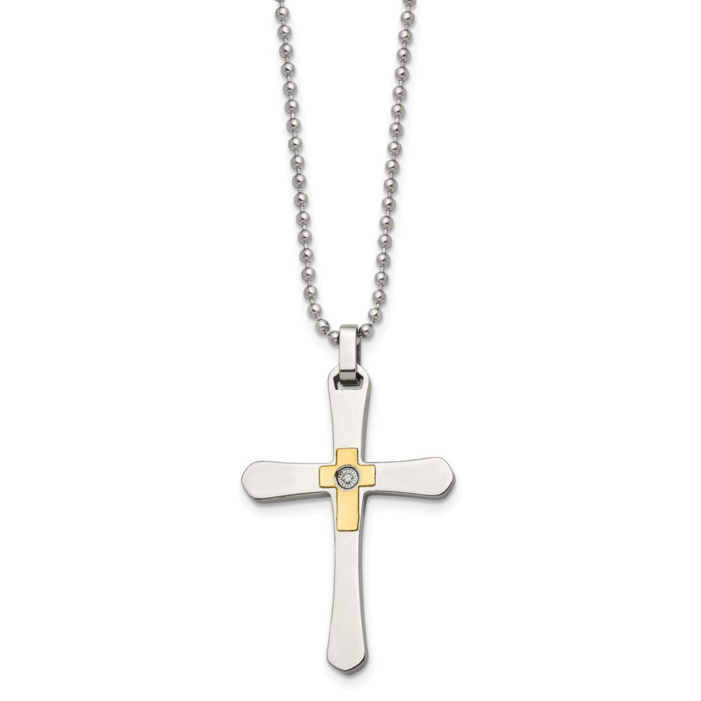 Edelstahl Chisel Poliert mit 14K Gold Akzente 1/2pt Diamant Kreuz Anhänger auf A 22 Zoll Kugel Halskette