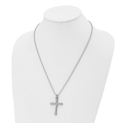 Edelstahl Chisel Poliert mit 14K Gold Akzente 1/2pt Diamant Kreuz Anhänger auf A 22 Zoll Kugel Halskette