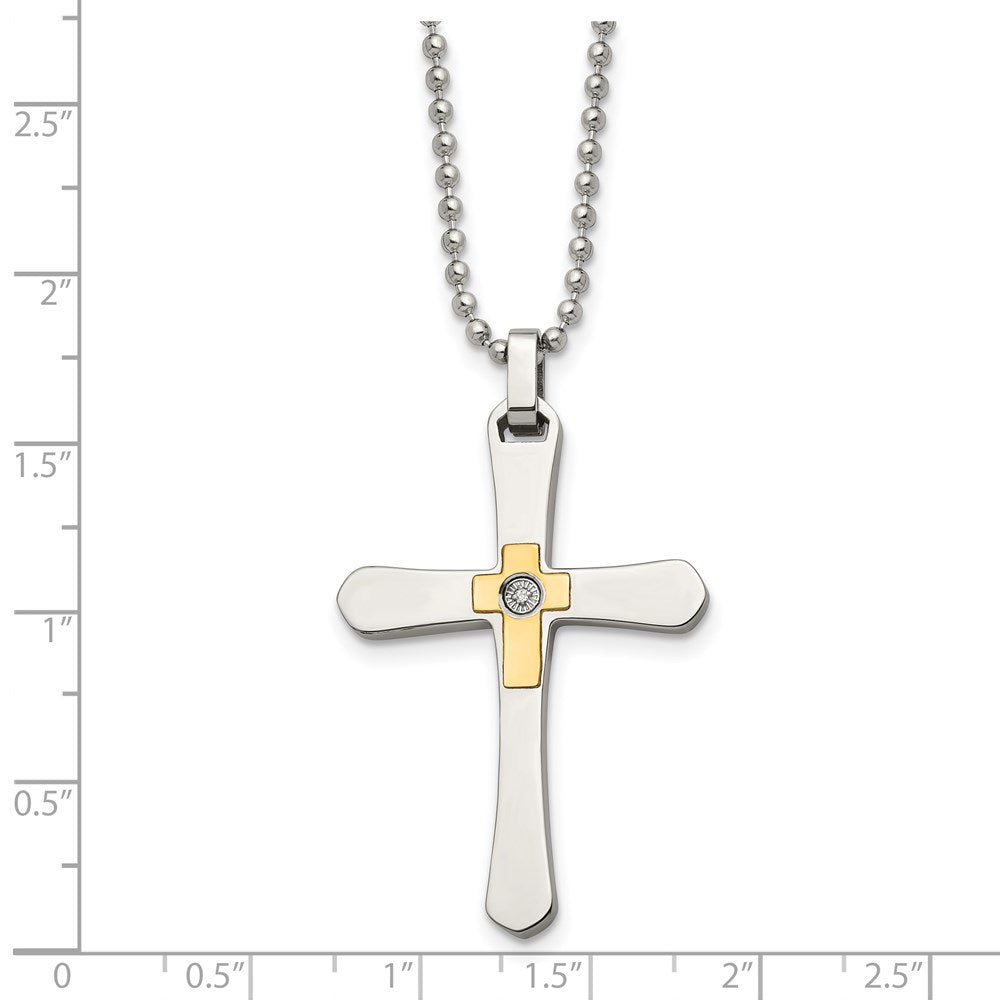 Edelstahl Chisel Poliert mit 14K Gold Akzente 1/2pt Diamant Kreuz Anhänger auf A 22 Zoll Kugel Halskette