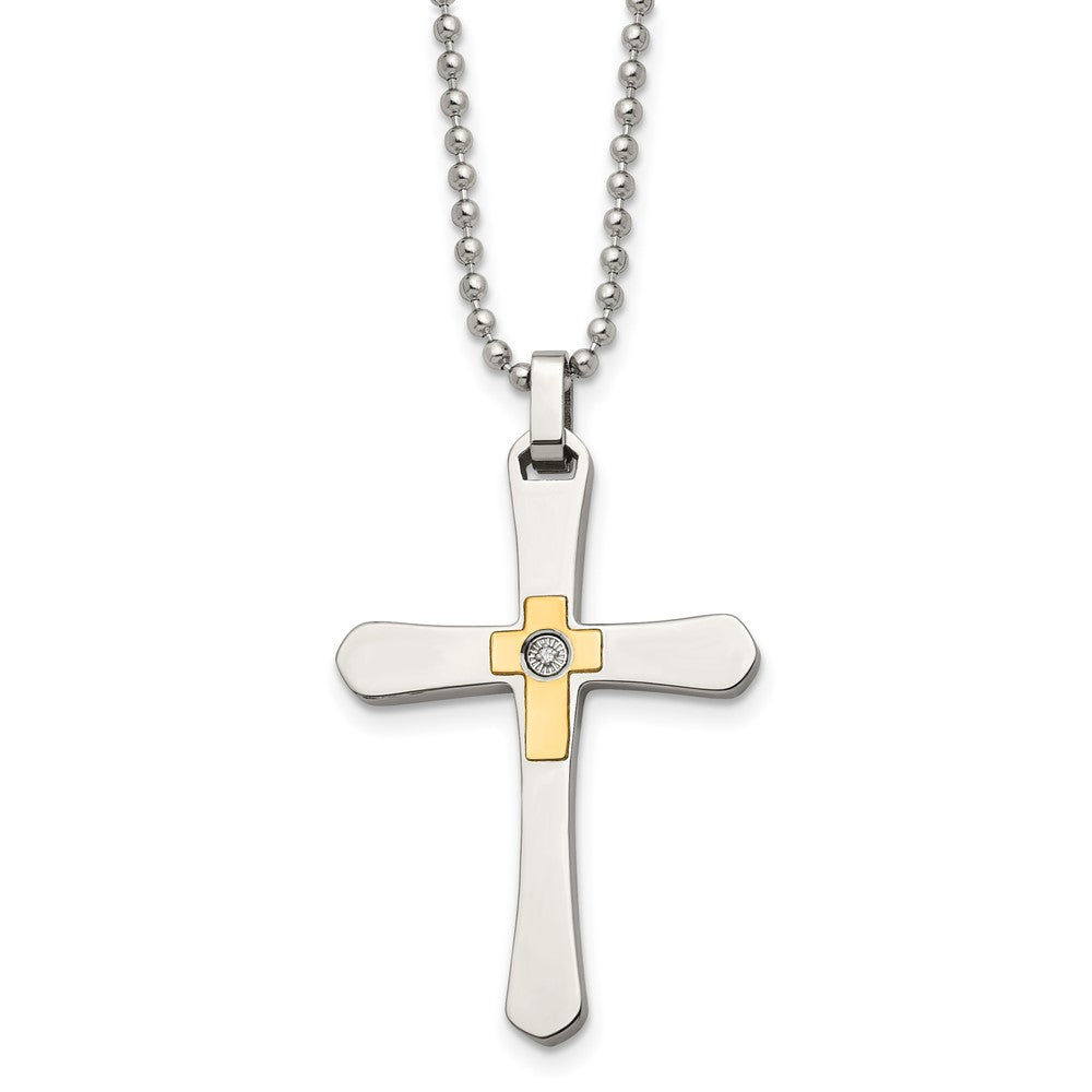 Edelstahl Chisel Poliert mit 14K Gold Akzente 1/2pt Diamant Kreuz Anhänger auf A 22 Zoll Kugel Halskette