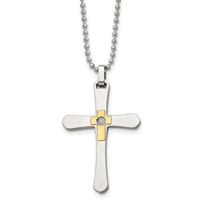 Edelstahl Chisel Poliert mit 14K Gold Akzente 1/2pt Diamant Kreuz Anhänger auf A 22 Zoll Kugel Halskette