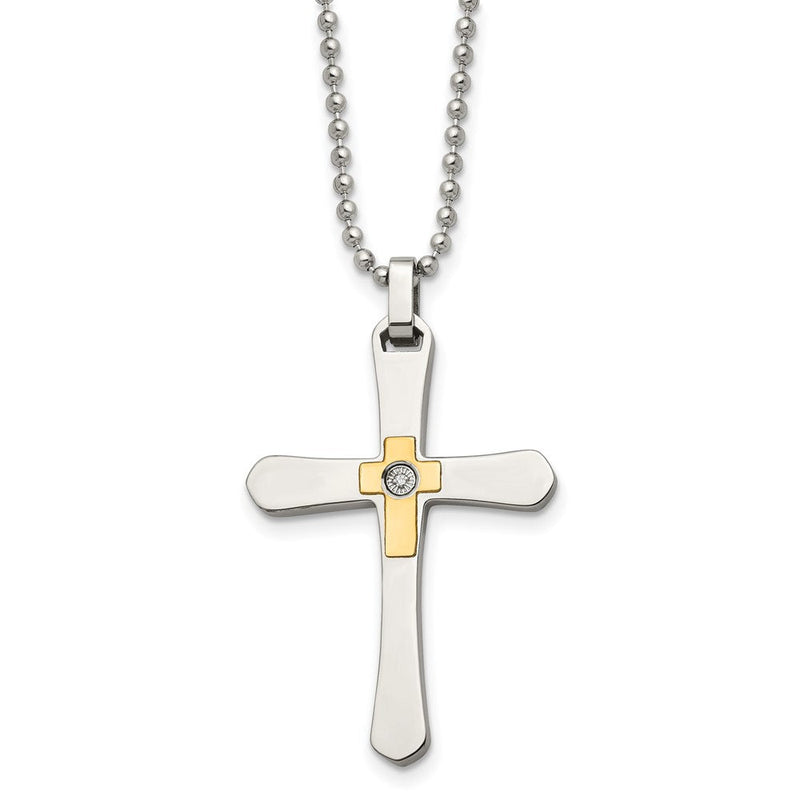 Edelstahl Chisel Poliert mit 14K Gold Akzente 1/2pt Diamant Kreuz Anhänger auf A 22 Zoll Kugel Halskette