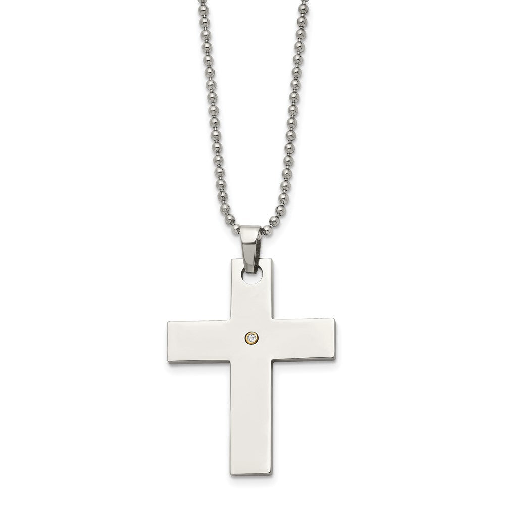 Edelstahl Chisel Poliert mit 14K Gold Akzente.02 Karat Diamant Kreuz Anhänger auf A 22 Zoll Kugel Halskette