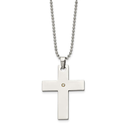 Edelstahl Chisel Poliert mit 14K Gold Akzente.02 Karat Diamant Kreuz Anhänger auf A 22 Zoll Kugel Halskette