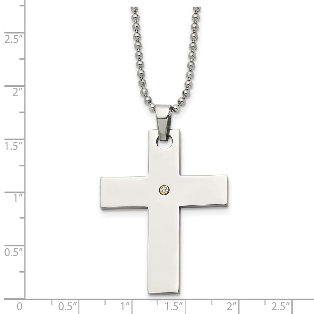 Edelstahl Chisel Poliert mit 14K Gold Akzente.02 Karat Diamant Kreuz Anhänger auf A 22 Zoll Kugel Halskette