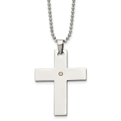 Edelstahl Chisel Poliert mit 14K Gold Akzente.02 Karat Diamant Kreuz Anhänger auf A 22 Zoll Kugel Halskette