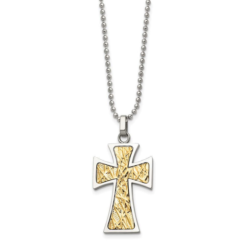 Edelstahl Chisel Poliert mit 14K Gold Akzente Kreuz Anhänger auf A 22 Zoll Kugel Halskette