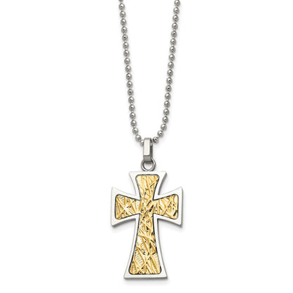 Edelstahl Chisel Poliert mit 14K Gold Akzente Kreuz Anhänger auf A 22 Zoll Kugel Halskette