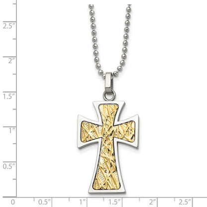 Edelstahl Chisel Poliert mit 14K Gold Akzente Kreuz Anhänger auf A 22 Zoll Kugel Halskette