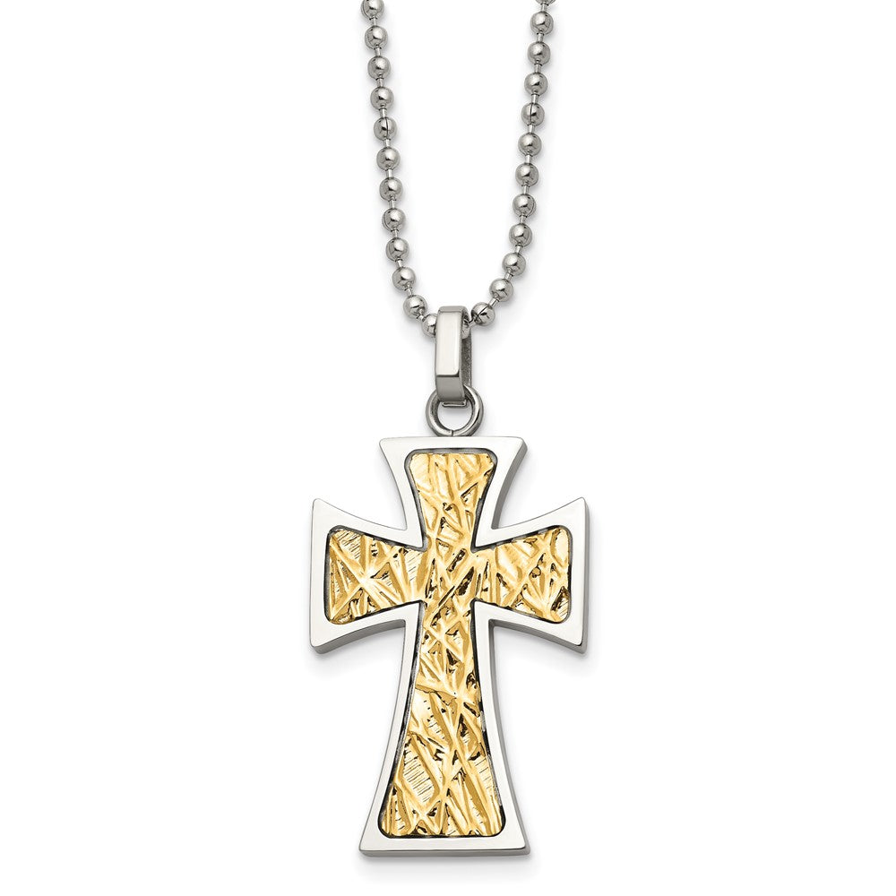 Edelstahl Chisel Poliert mit 14K Gold Akzente Kreuz Anhänger auf A 22 Zoll Kugel Halskette