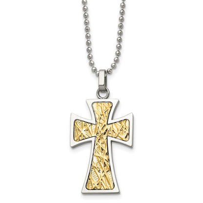 Edelstahl Chisel Poliert mit 14K Gold Akzente Kreuz Anhänger auf A 22 Zoll Kugel Halskette