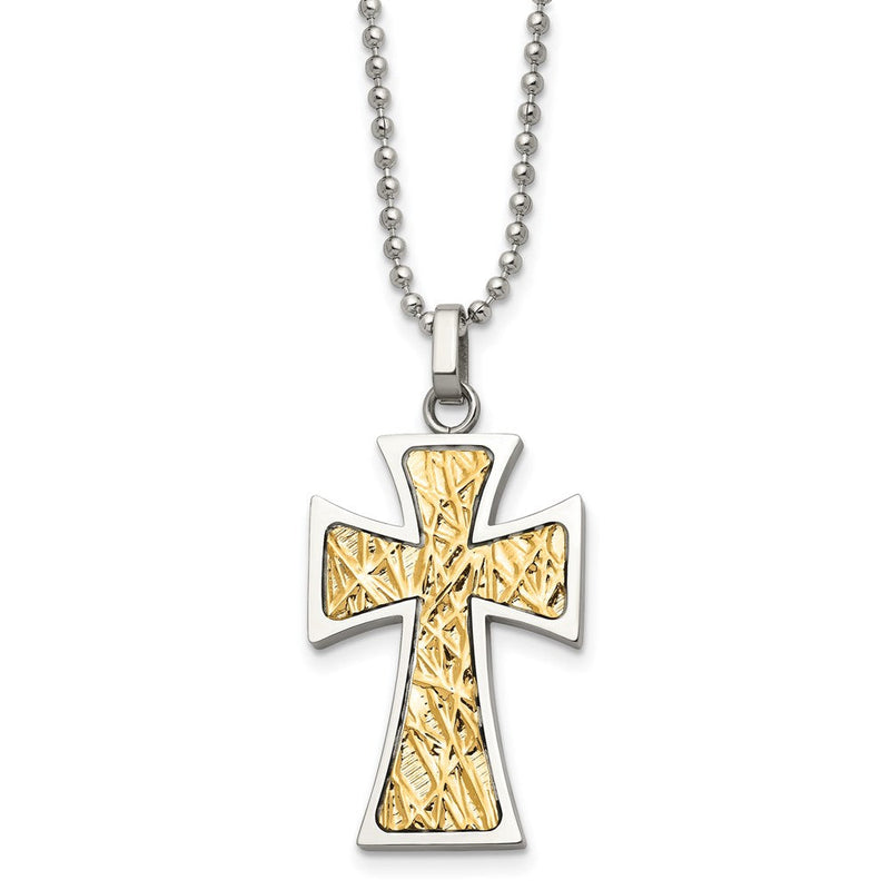 Edelstahl Chisel Poliert mit 14K Gold Akzente Kreuz Anhänger auf A 22 Zoll Kugel Halskette