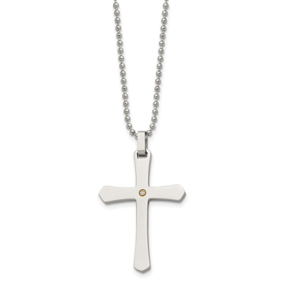 Edelstahl Chisel Poliert mit 14K Gold Akzente.02 Karat Diamant Kreuz Anhänger auf A 22 Zoll Kugel Halskette