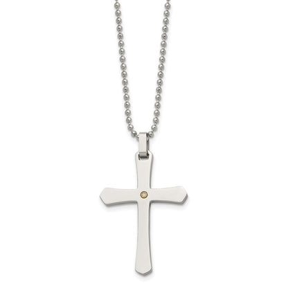 Edelstahl Chisel Poliert mit 14K Gold Akzente.02 Karat Diamant Kreuz Anhänger auf A 22 Zoll Kugel Halskette