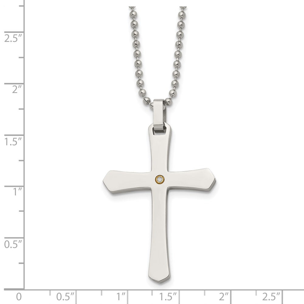 Edelstahl Chisel Poliert mit 14K Gold Akzente.02 Karat Diamant Kreuz Anhänger auf A 22 Zoll Kugel Halskette