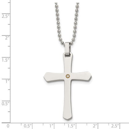 Edelstahl Chisel Poliert mit 14K Gold Akzente.02 Karat Diamant Kreuz Anhänger auf A 22 Zoll Kugel Halskette