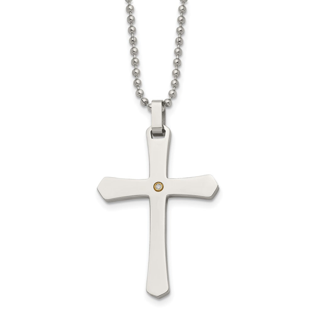 Edelstahl Chisel Poliert mit 14K Gold Akzente.02 Karat Diamant Kreuz Anhänger auf A 22 Zoll Kugel Halskette