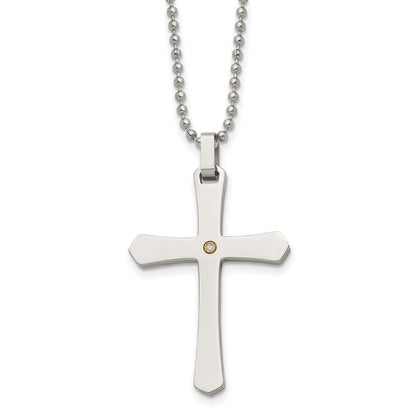 Edelstahl Chisel Poliert mit 14K Gold Akzente.02 Karat Diamant Kreuz Anhänger auf A 22 Zoll Kugel Halskette