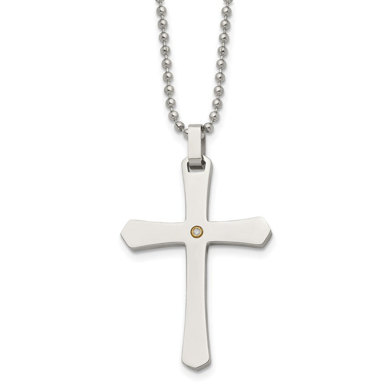 Edelstahl Chisel Poliert mit 14K Gold Akzente.02 Karat Diamant Kreuz Anhänger auf A 22 Zoll Kugel Halskette