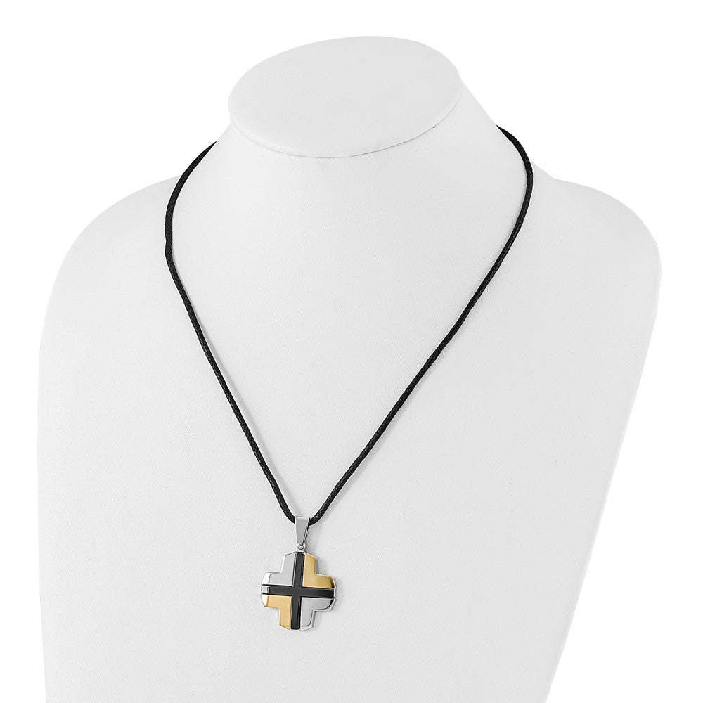 Edelstahl Schwarz & Gelb Ip-beschichtet Kreuz auf Kordel Halskette