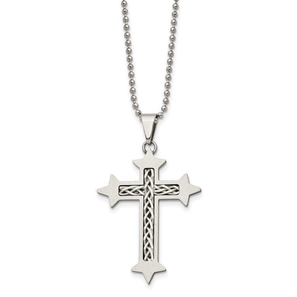 Edelstahl Chisel Gebürstet mit Geflochten Sterlingsilber Einlage Kreuz Anhänger auf A 24 Zoll Kugel Halskette