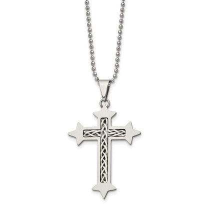 Edelstahl Chisel Gebürstet mit Geflochten Sterlingsilber Einlage Kreuz Anhänger auf A 24 Zoll Kugel Halskette