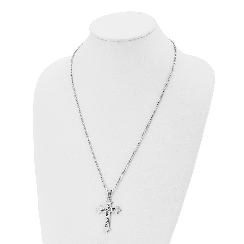 Edelstahl Chisel Gebürstet mit Geflochten Sterlingsilber Einlage Kreuz Anhänger auf A 24 Zoll Kugel Halskette